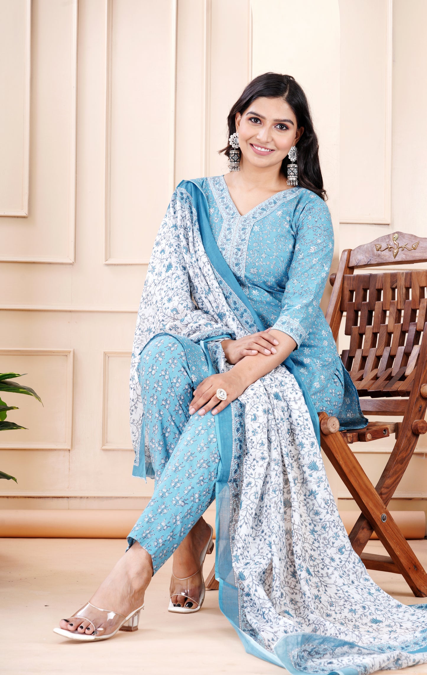 BLUE COTTON KURTA PANT DUPATTA SET