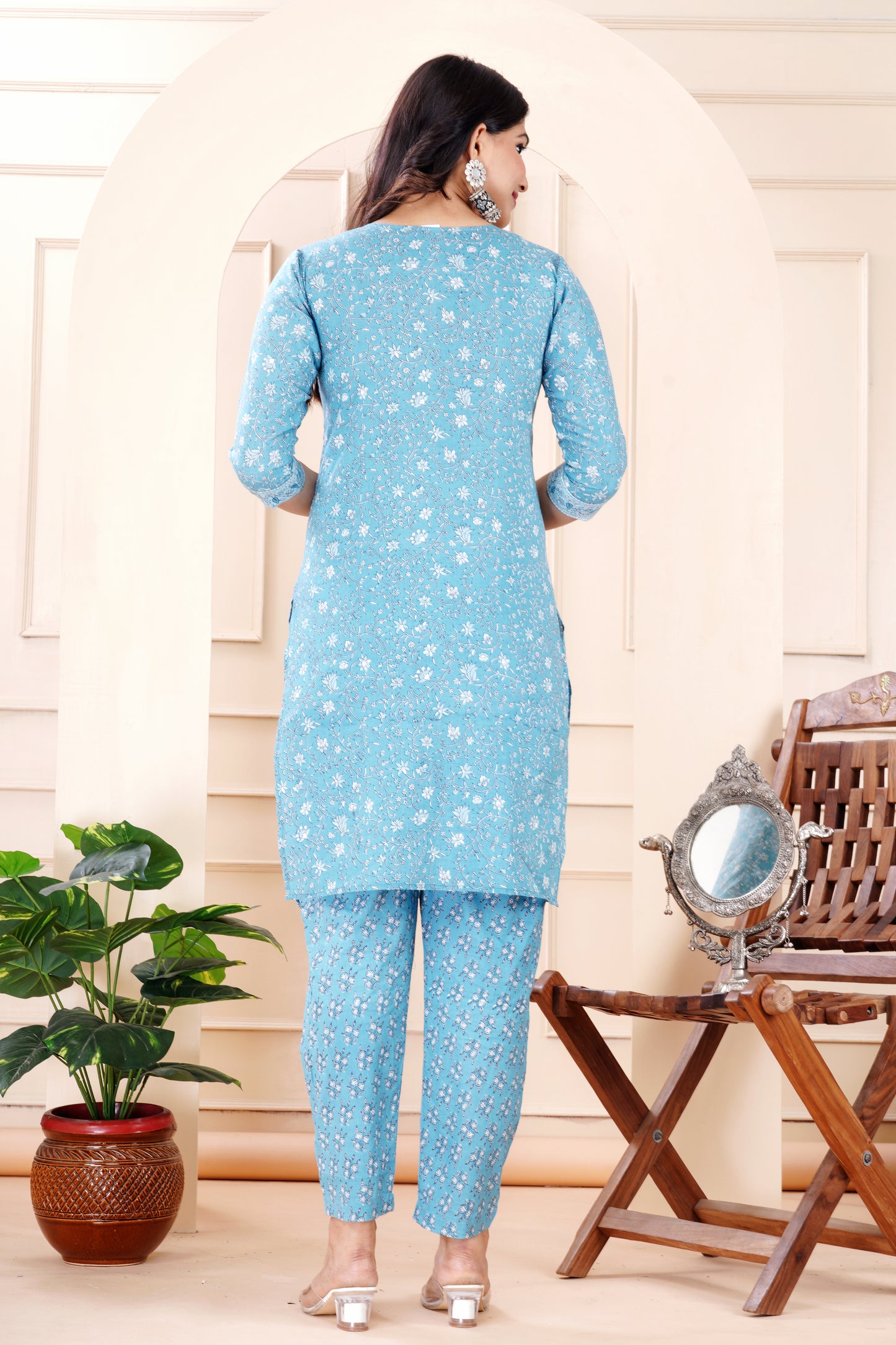 BLUE COTTON KURTA PANT DUPATTA SET