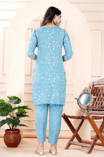 BLUE COTTON KURTA PANT DUPATTA SET