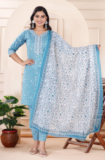 BLUE COTTON KURTA PANT DUPATTA SET