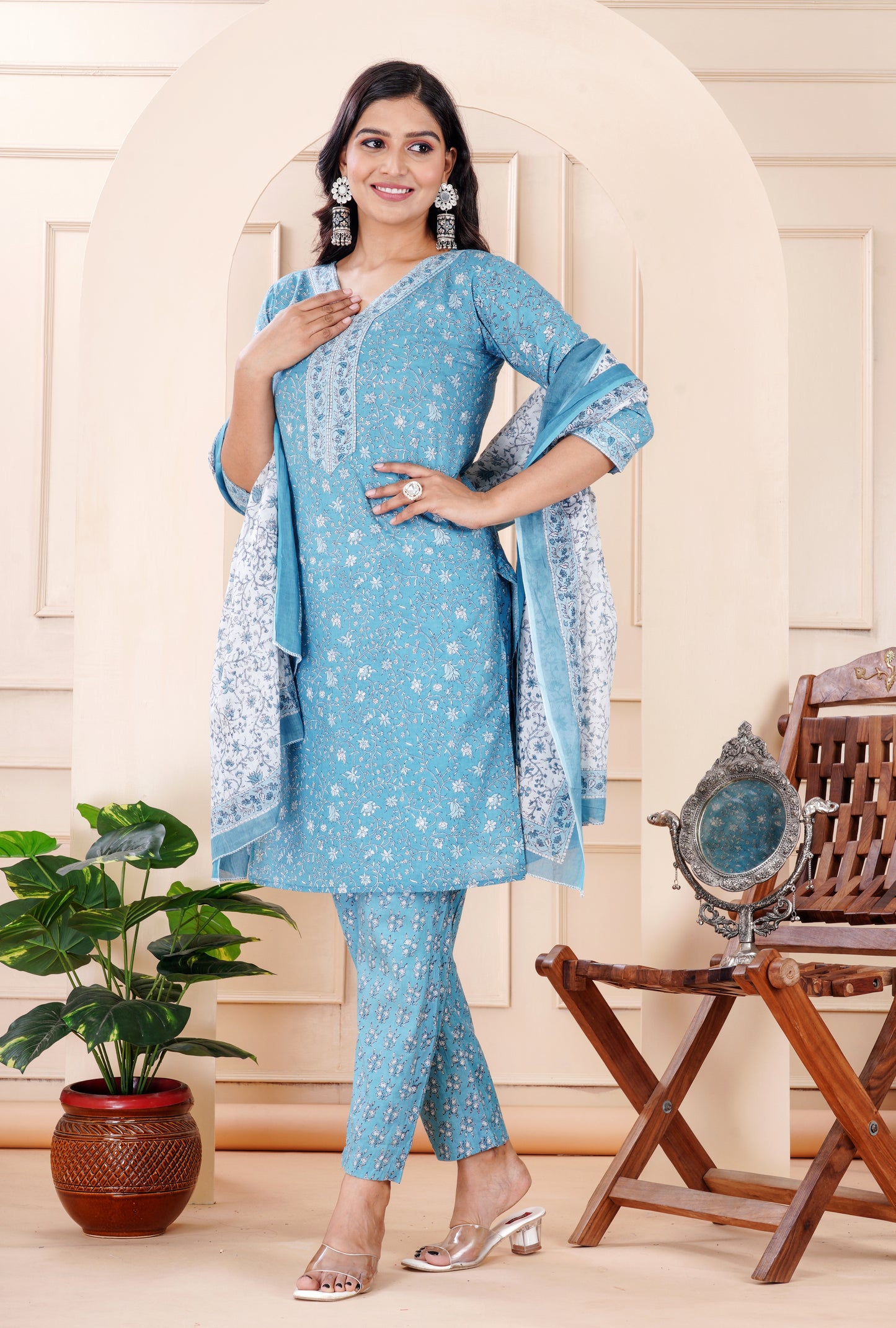 BLUE COTTON KURTA PANT DUPATTA SET