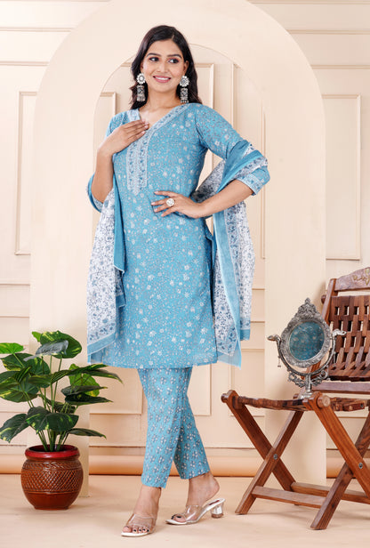 BLUE COTTON KURTA PANT DUPATTA SET