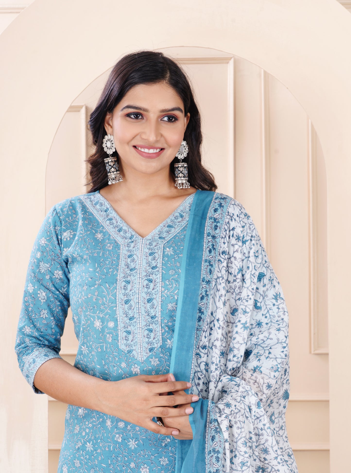 BLUE COTTON KURTA PANT DUPATTA SET