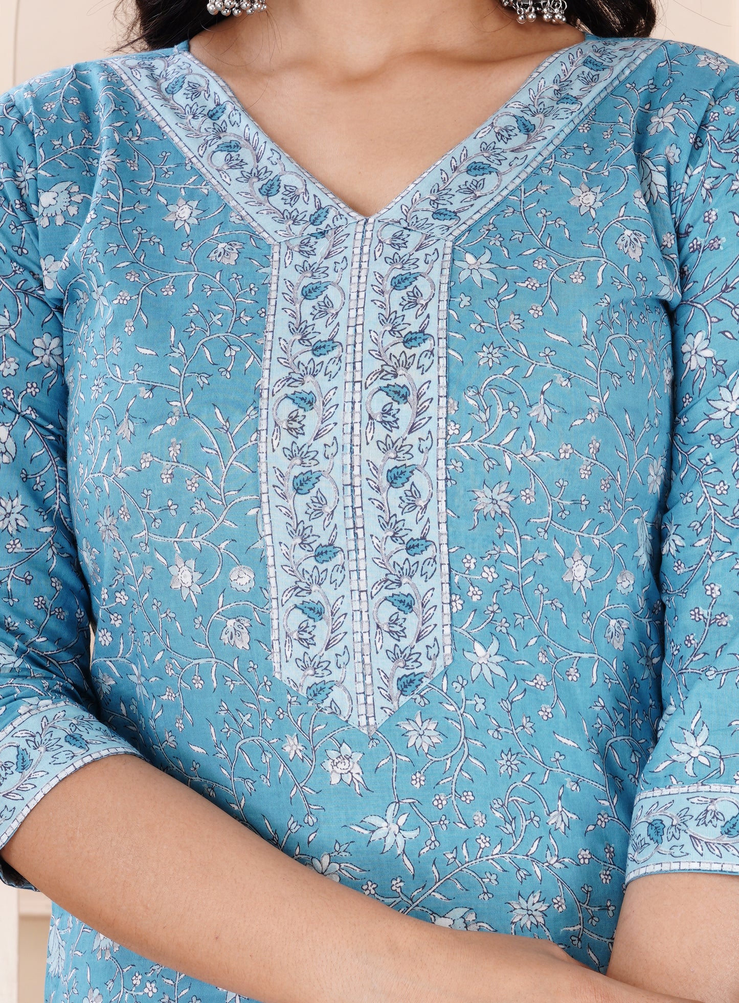 BLUE COTTON KURTA PANT DUPATTA SET
