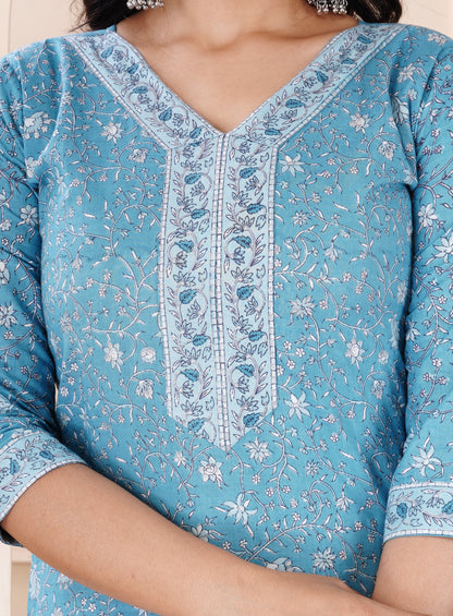 BLUE COTTON KURTA PANT DUPATTA SET
