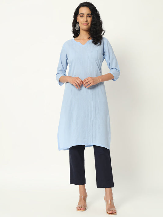 Chambray Blue Cotton Pintuck Long Kurta - SAFED DHAGA 
