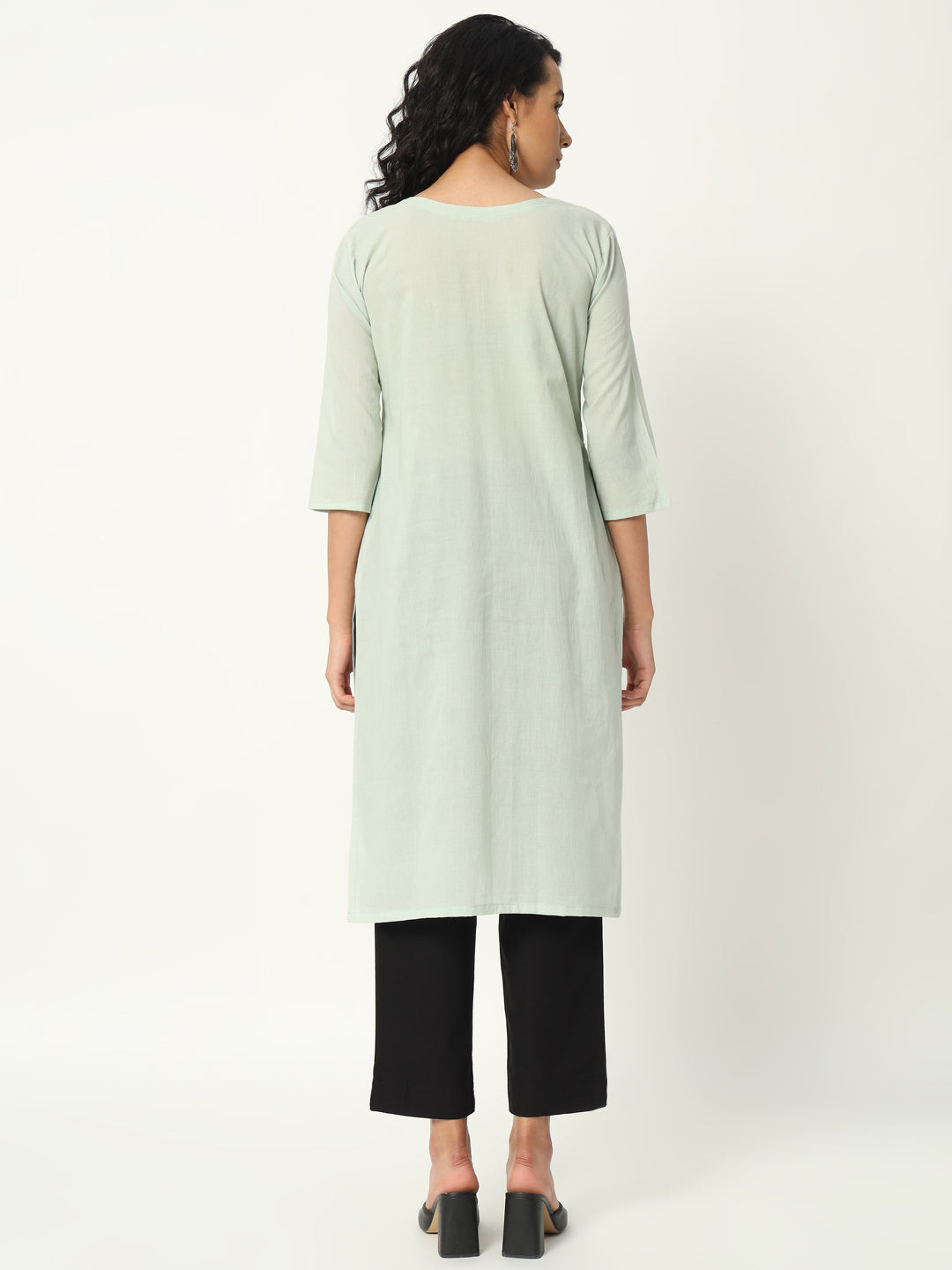 Mint Green Cotton Pintuck Long Kurta - SAFED DHAGA 