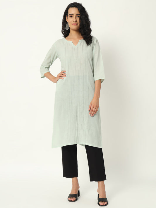Mint Green Cotton Pintuck Long Kurta - SAFED DHAGA 