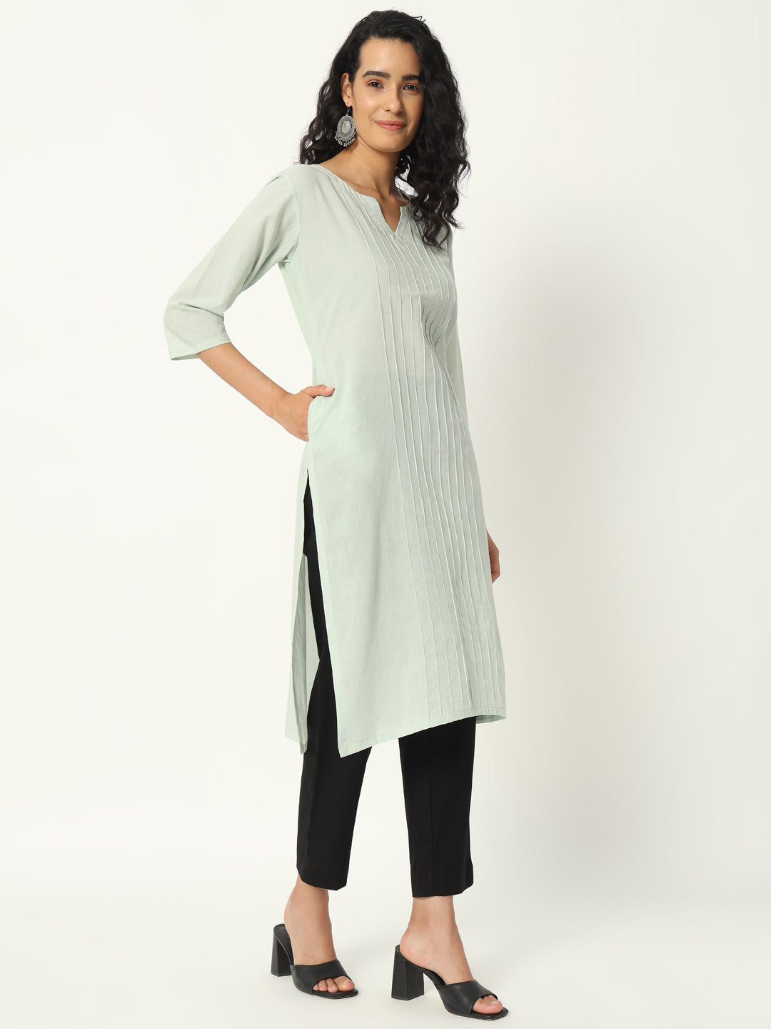 Mint Green Cotton Pintuck Long Kurta - SAFED DHAGA 