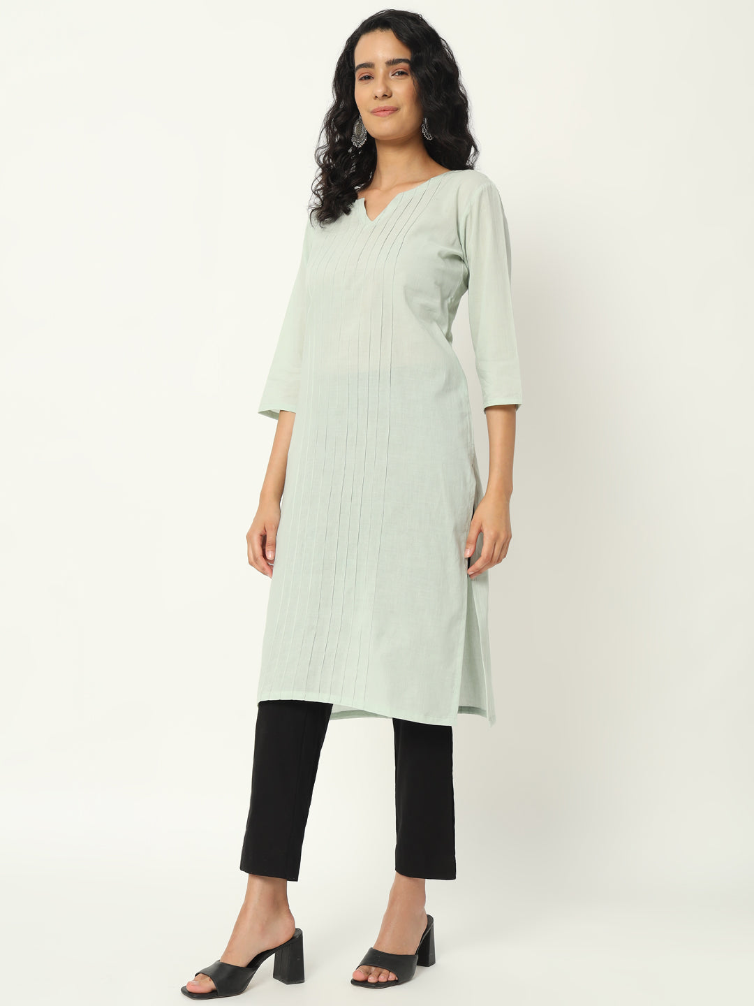Mint Green Cotton Pintuck Long Kurta - SAFED DHAGA 