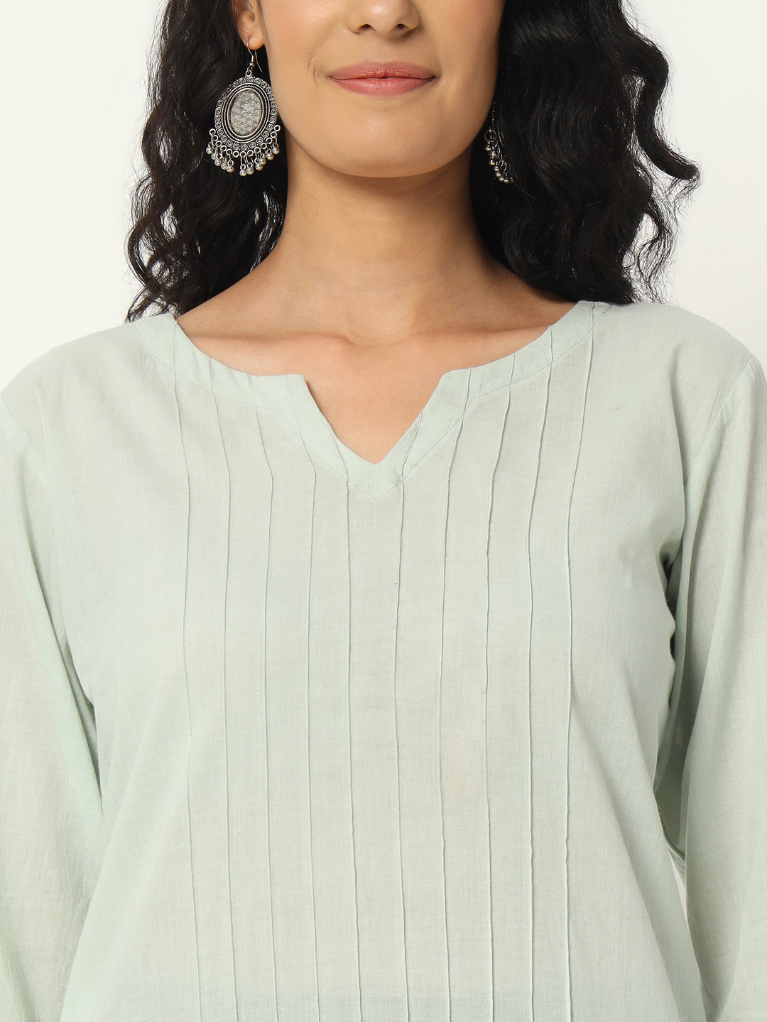 Mint Green Cotton Pintuck Long Kurta - SAFED DHAGA 
