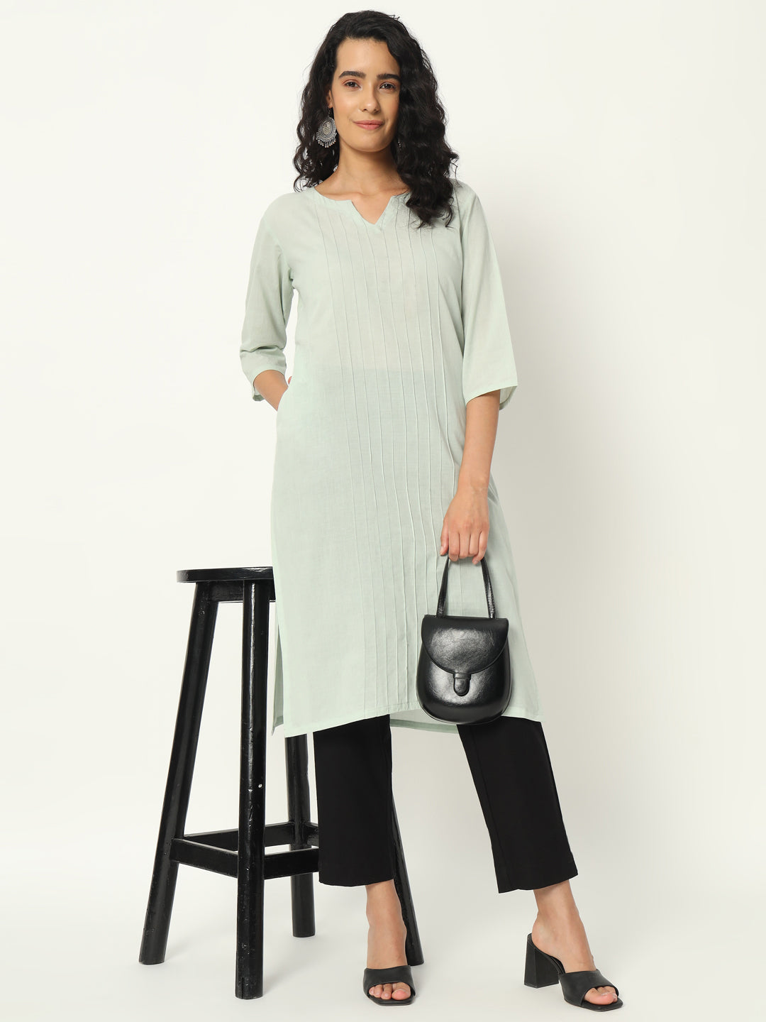 Mint Green Cotton Pintuck Long Kurta - SAFED DHAGA 