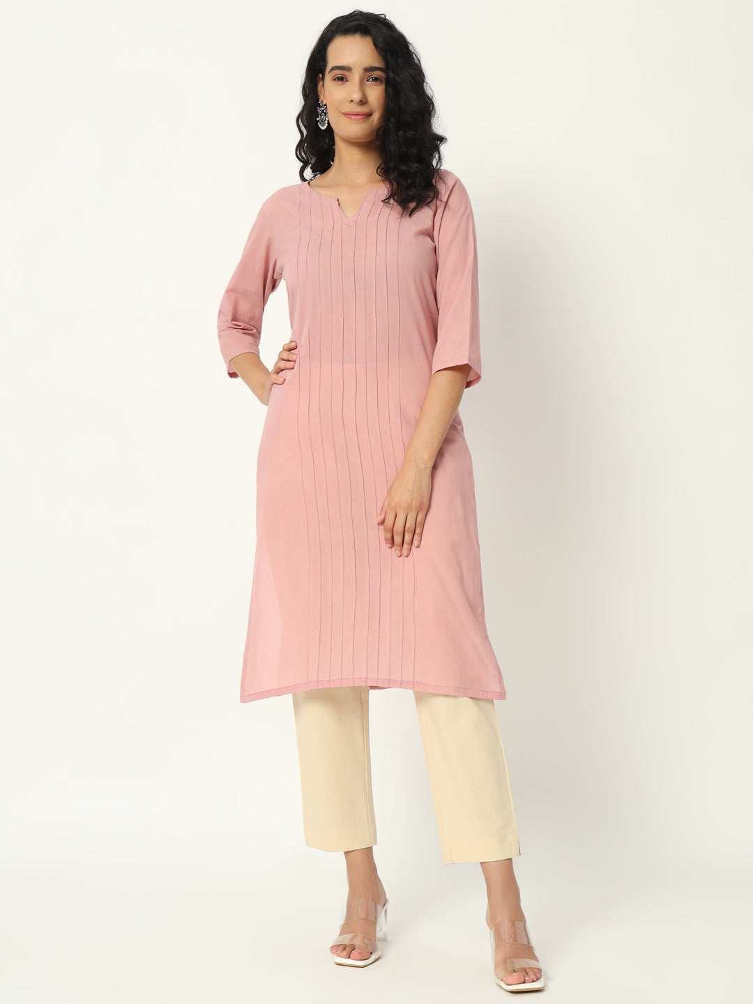 Rose Taupe  Cotton Pintuck Long Kurta - SAFED DHAGA 