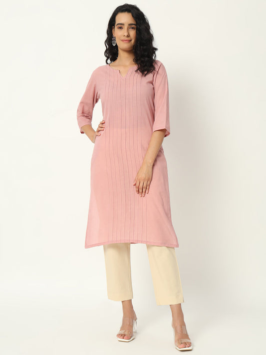 Rose Taupe  Cotton Pintuck Long Kurta - SAFED DHAGA 