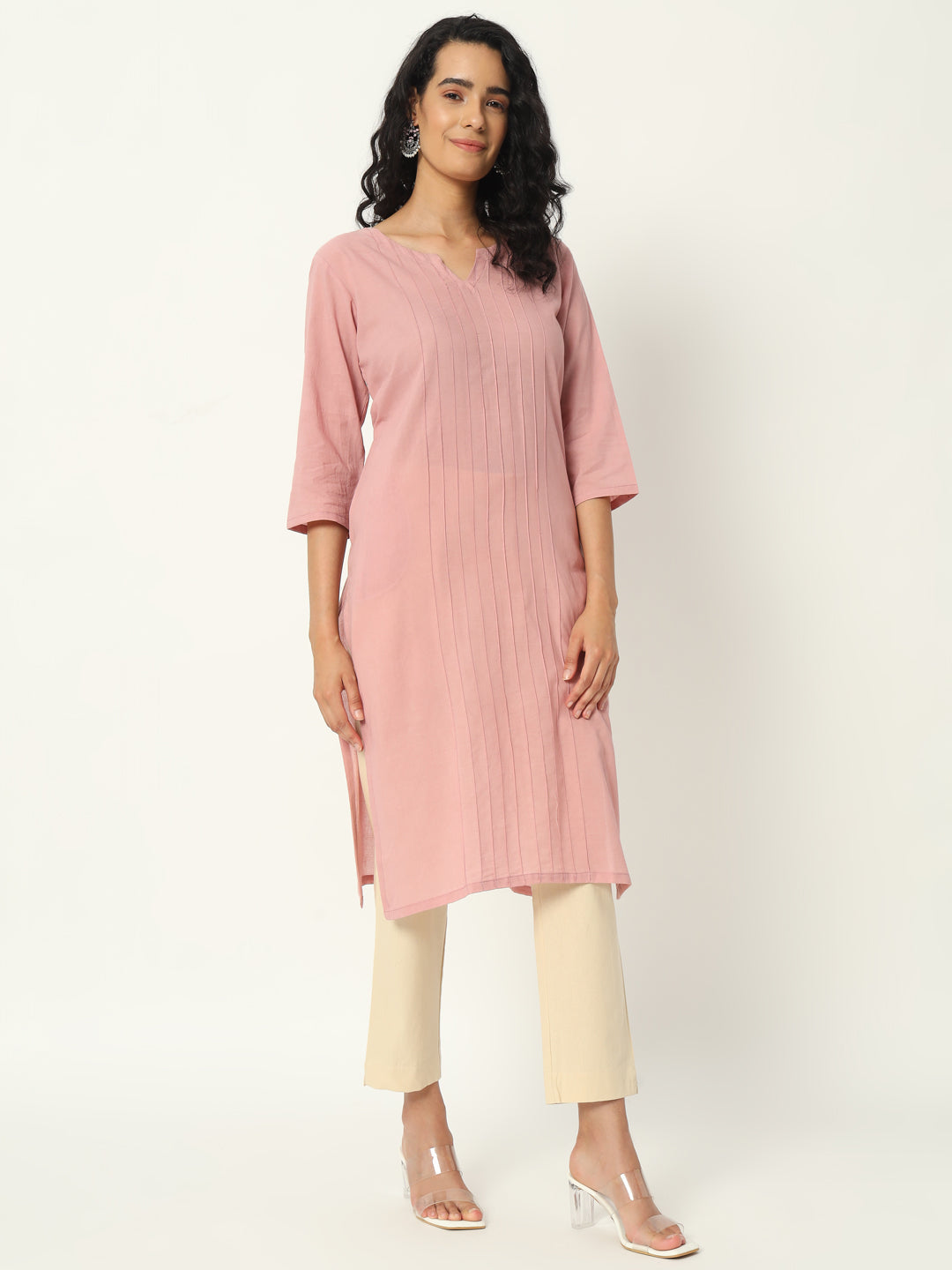 Rose Taupe  Cotton Pintuck Long Kurta - SAFED DHAGA 