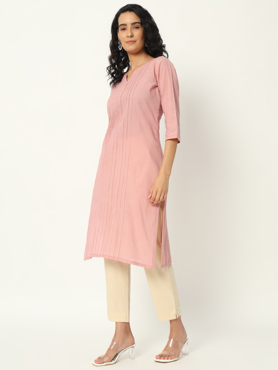 Rose Taupe  Cotton Pintuck Long Kurta - SAFED DHAGA 