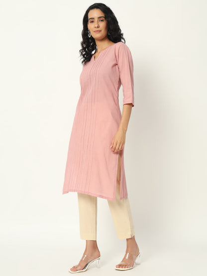 Rose Taupe  Cotton Pintuck Long Kurta - SAFED DHAGA 