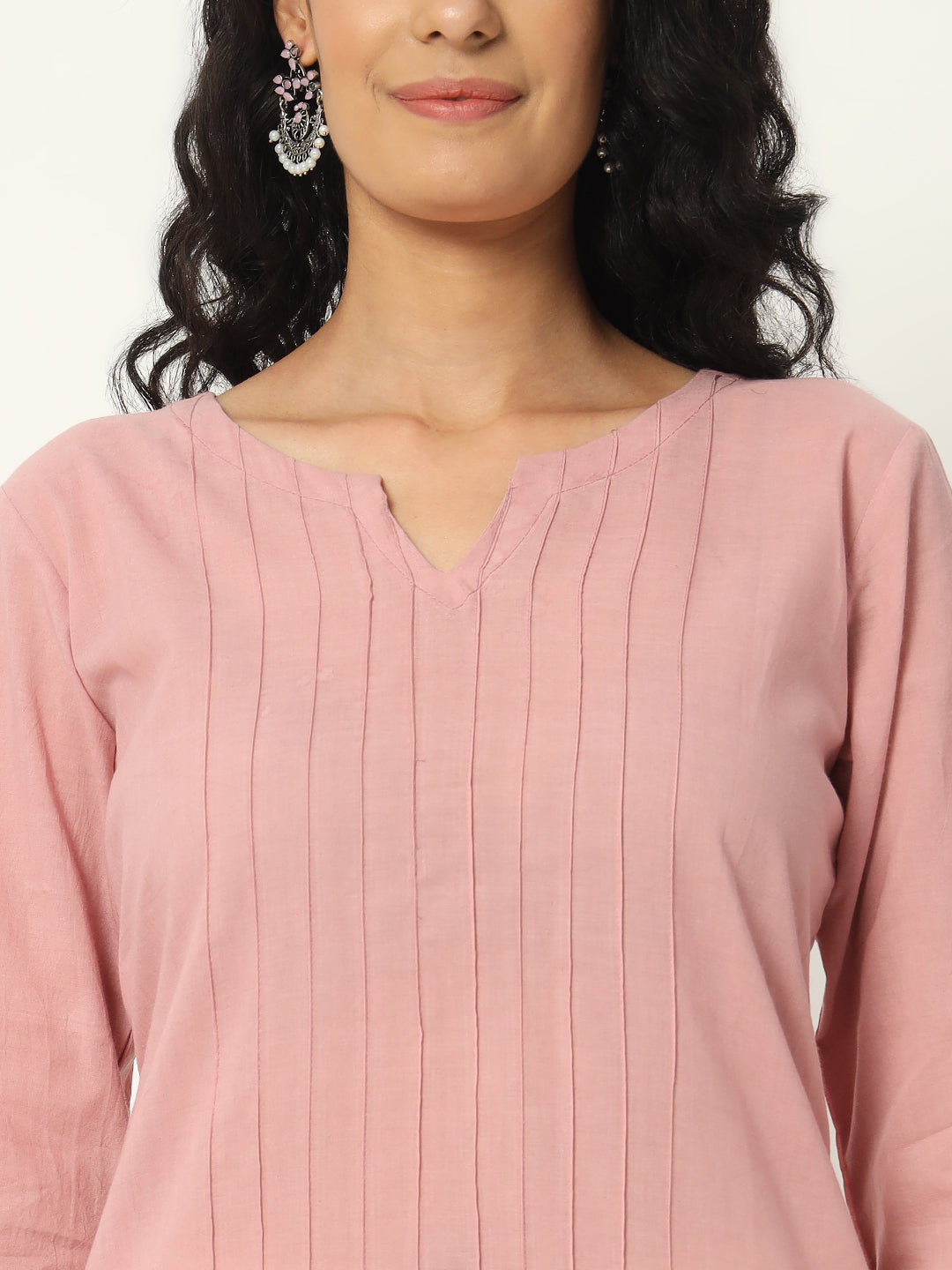 Rose Taupe  Cotton Pintuck Long Kurta - SAFED DHAGA 