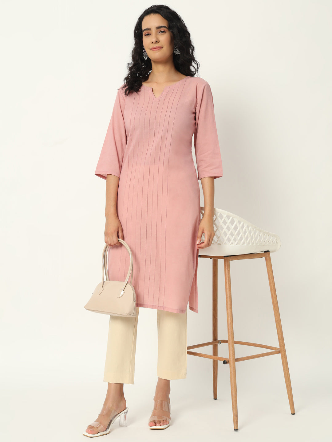 Rose Taupe  Cotton Pintuck Long Kurta - SAFED DHAGA 