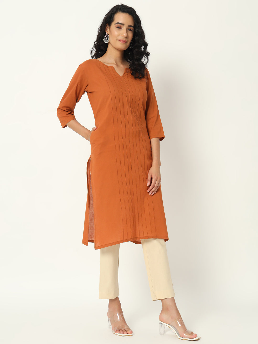 Cinamon Cotton Pintuck Long Kurta - SAFED DHAGA 