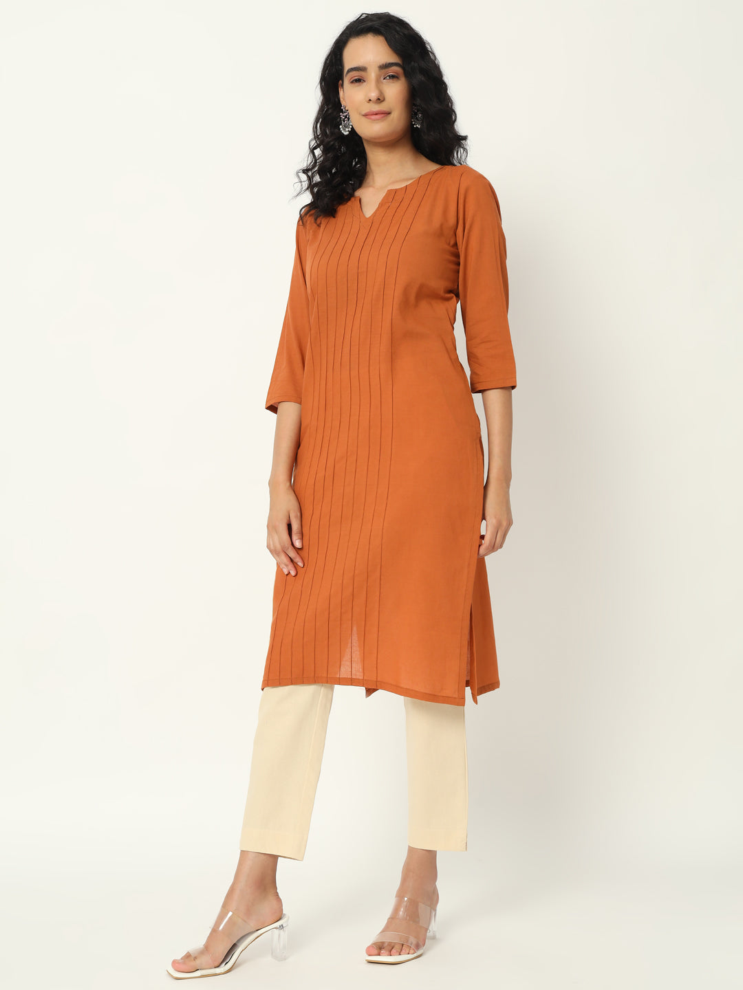 Cinamon Cotton Pintuck Long Kurta - SAFED DHAGA 