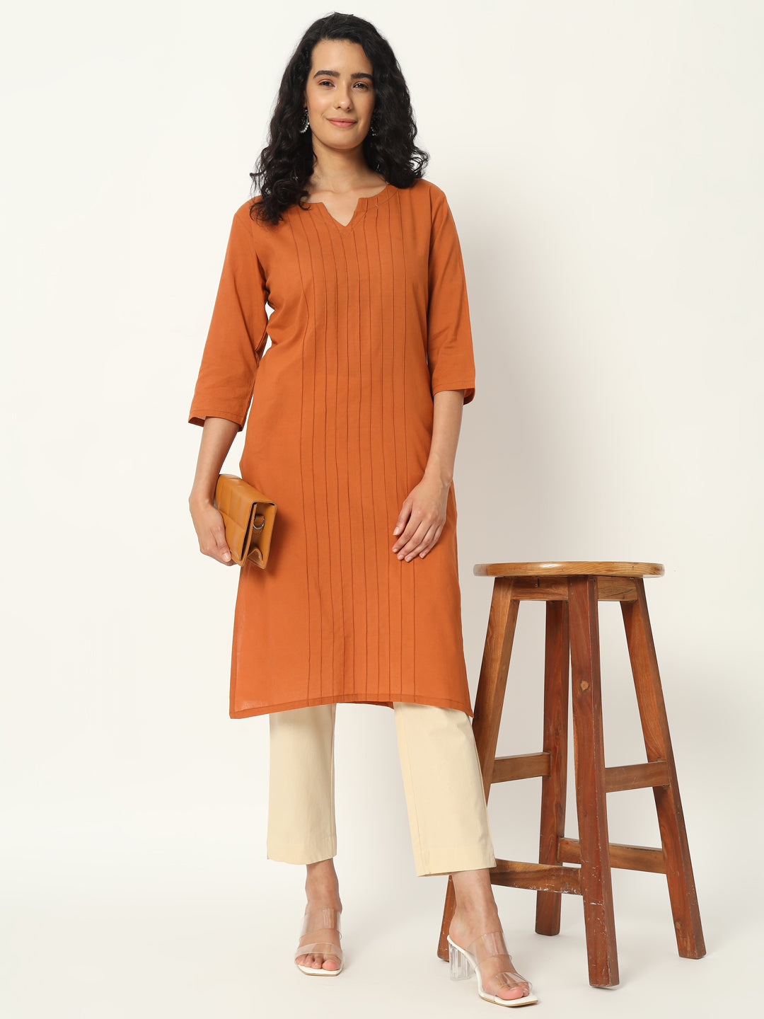 Cinamon Cotton Pintuck Long Kurta - SAFED DHAGA 
