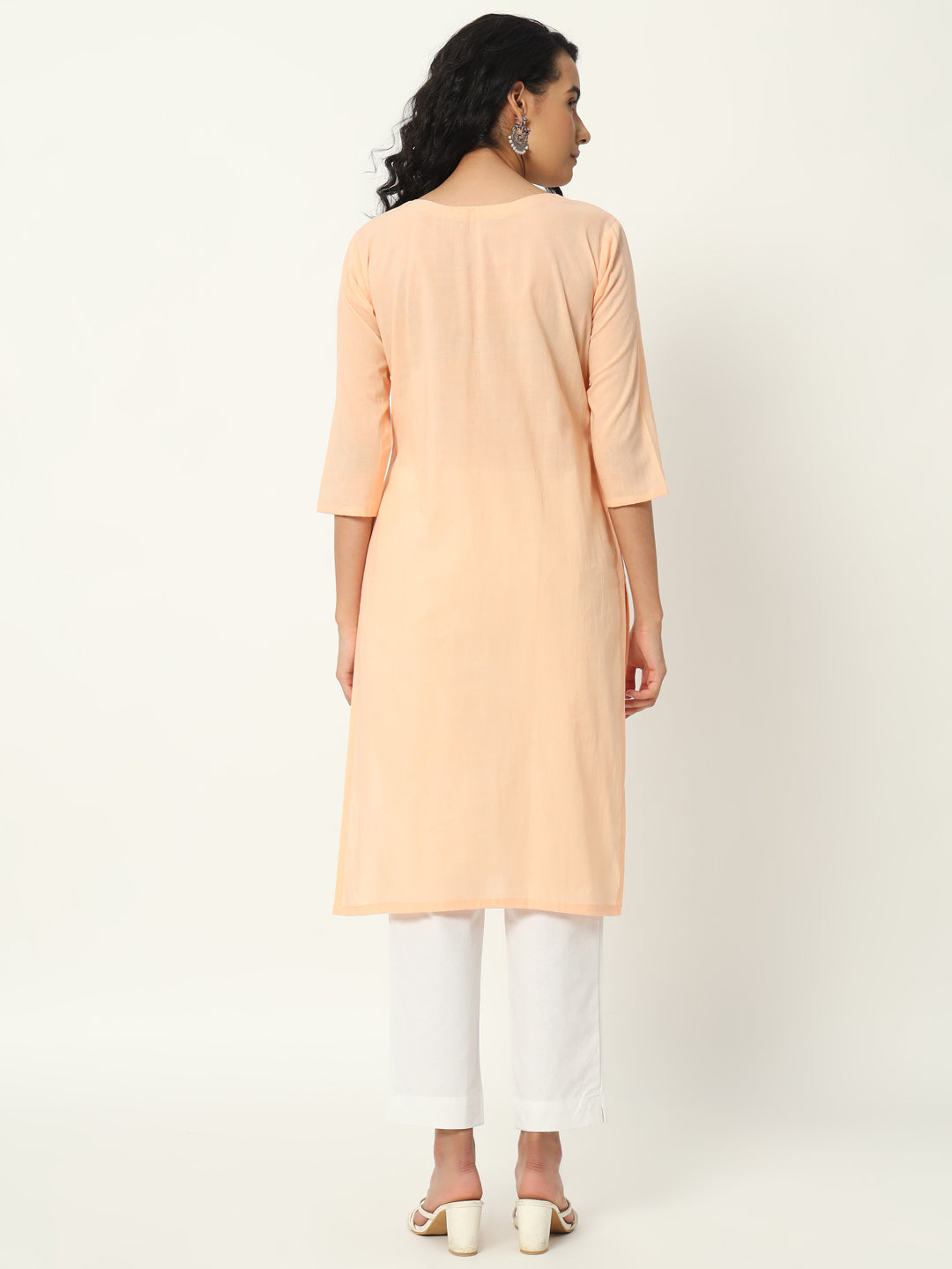 Peach Cotton Pintuck Long Kurta - SAFED DHAGA 