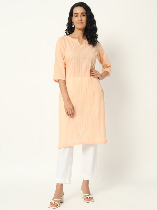 Peach Cotton Pintuck Long Kurta - SAFED DHAGA 