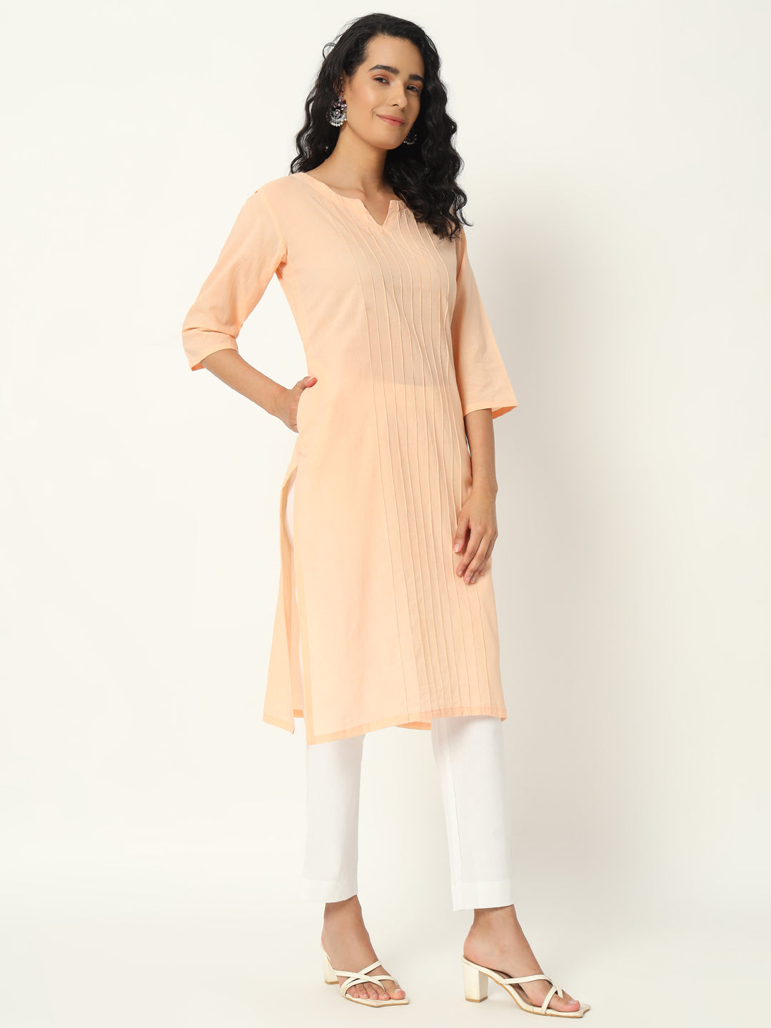 Peach Cotton Pintuck Long Kurta - SAFED DHAGA 