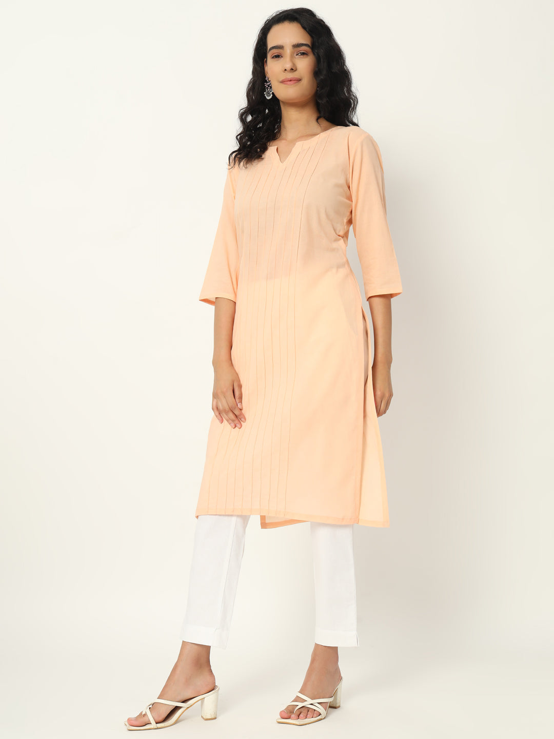 Peach Cotton Pintuck Long Kurta - SAFED DHAGA 