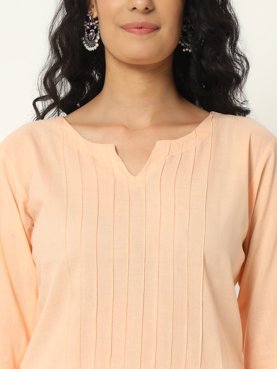 Peach Cotton Pintuck Long Kurta - SAFED DHAGA 