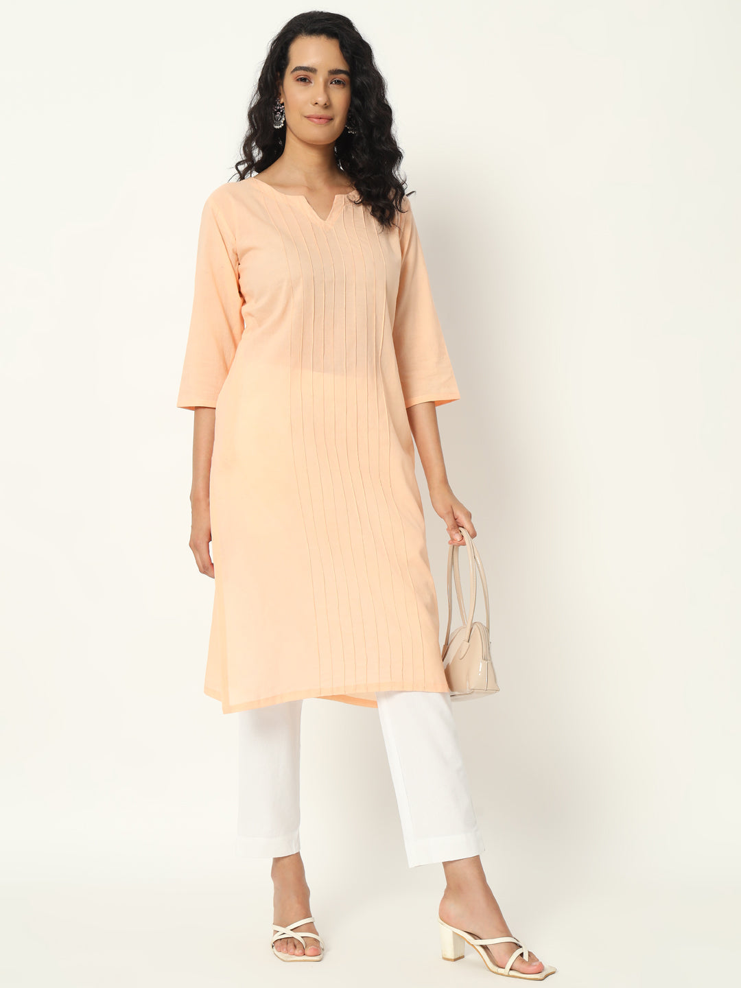 Peach Cotton Pintuck Long Kurta - SAFED DHAGA 