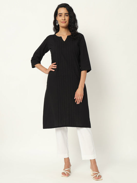 Black Cotton Pintuck Long Kurta - SAFED DHAGA 