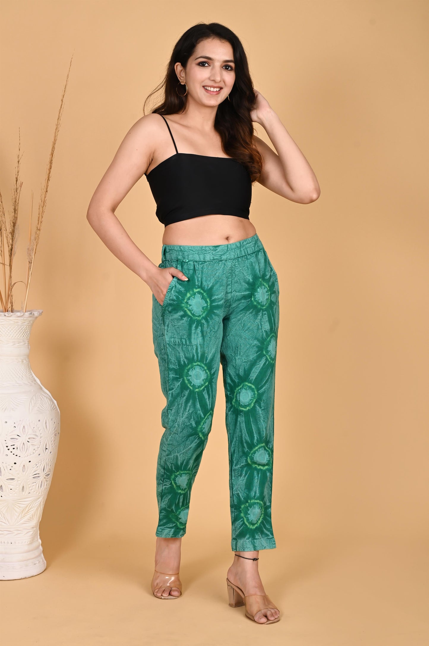 BOTTLE GREEN BANDHEJ COTTON PANTS - SAFED DHAGA 