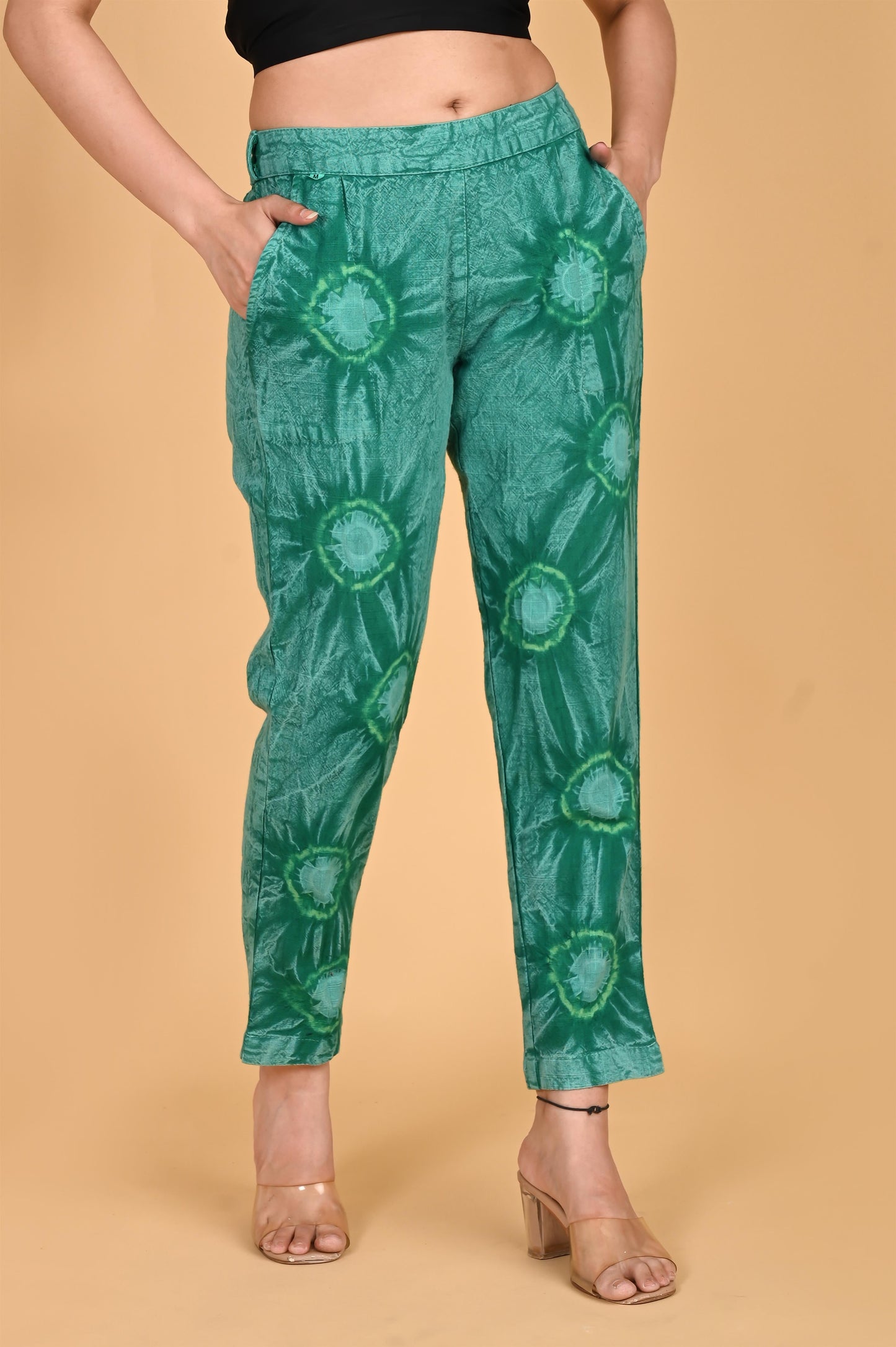 BOTTLE GREEN BANDHEJ COTTON PANTS - SAFED DHAGA 