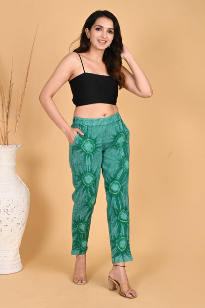 BOTTLE GREEN BANDHEJ COTTON PANTS - SAFED DHAGA 