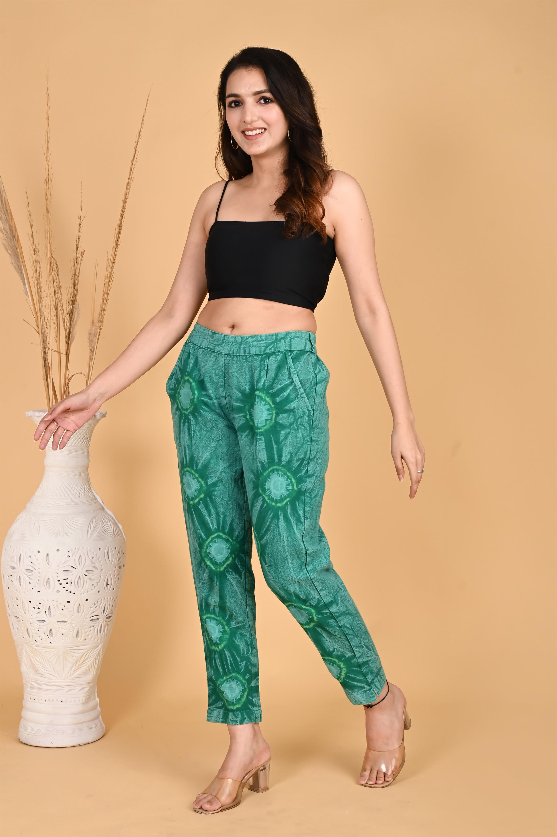 BOTTLE GREEN BANDHEJ COTTON PANTS - SAFED DHAGA 