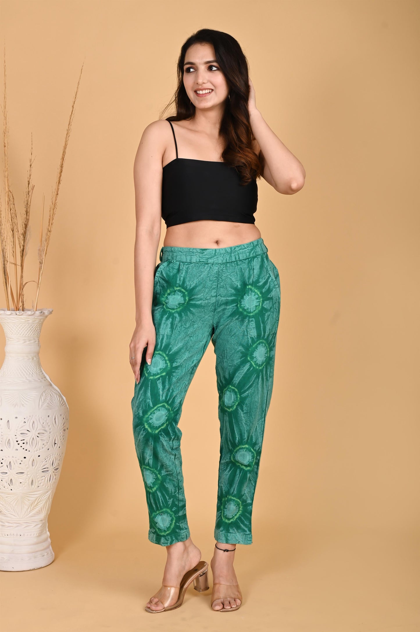 BOTTLE GREEN BANDHEJ COTTON PANTS - SAFED DHAGA 