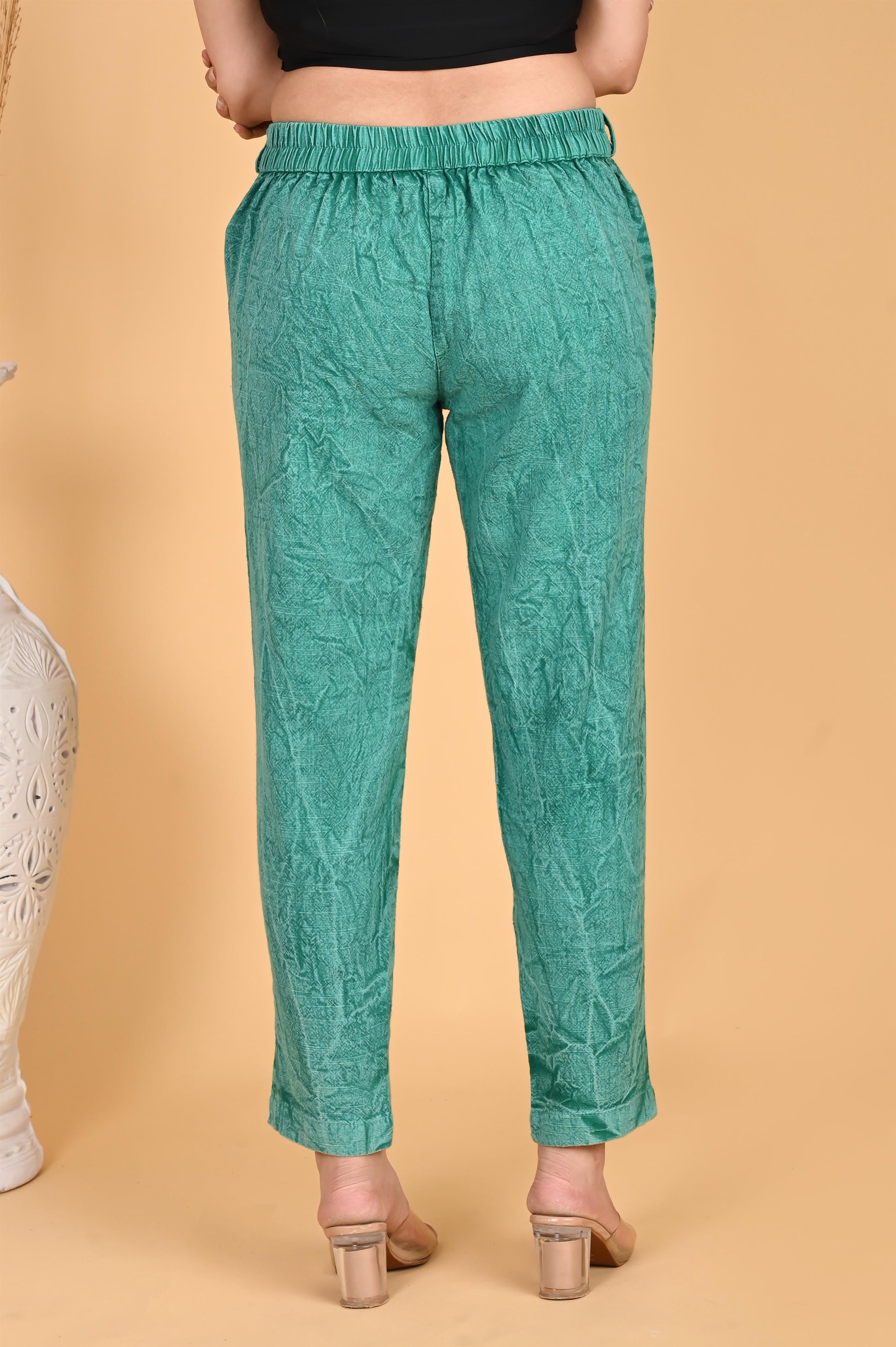 BOTTLE GREEN BANDHEJ COTTON PANTS - SAFED DHAGA 