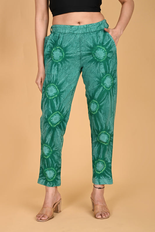 BOTTLE GREEN BANDHEJ COTTON PANTS - SAFED DHAGA 