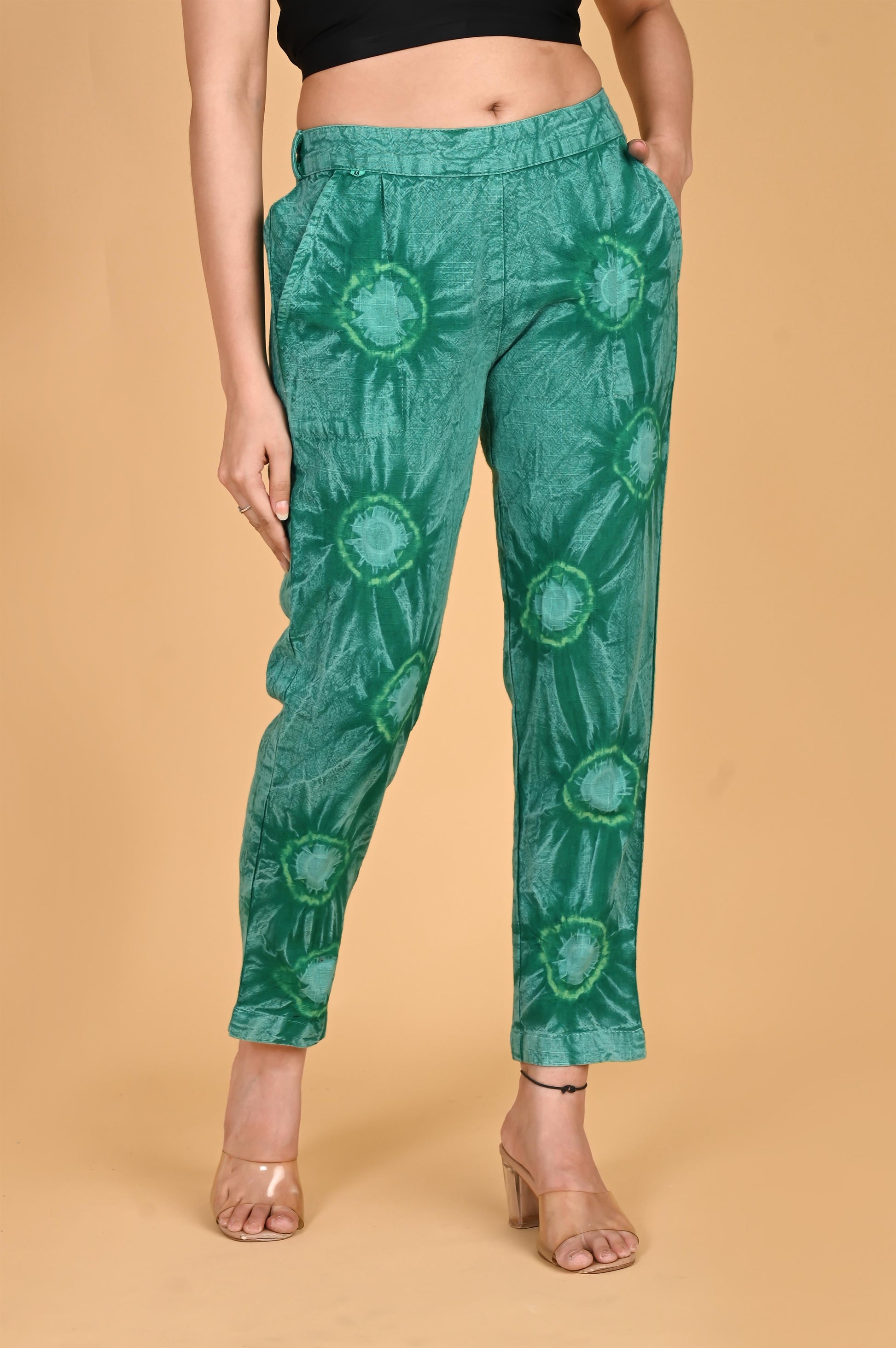 BOTTLE GREEN BANDHEJ COTTON PANTS - SAFED DHAGA 