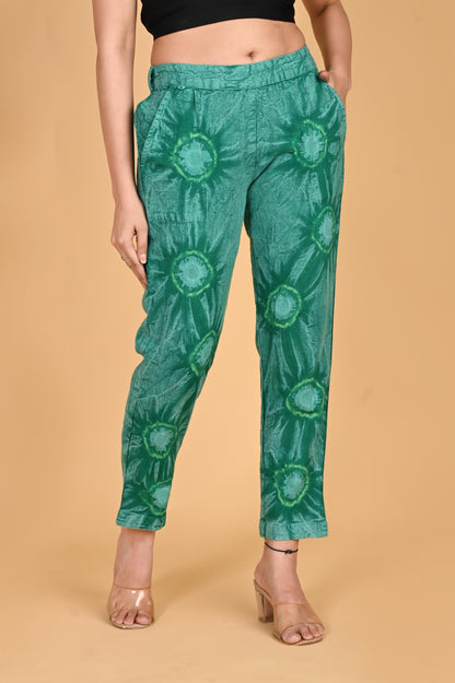 BOTTLE GREEN BANDHEJ COTTON PANTS - SAFED DHAGA 