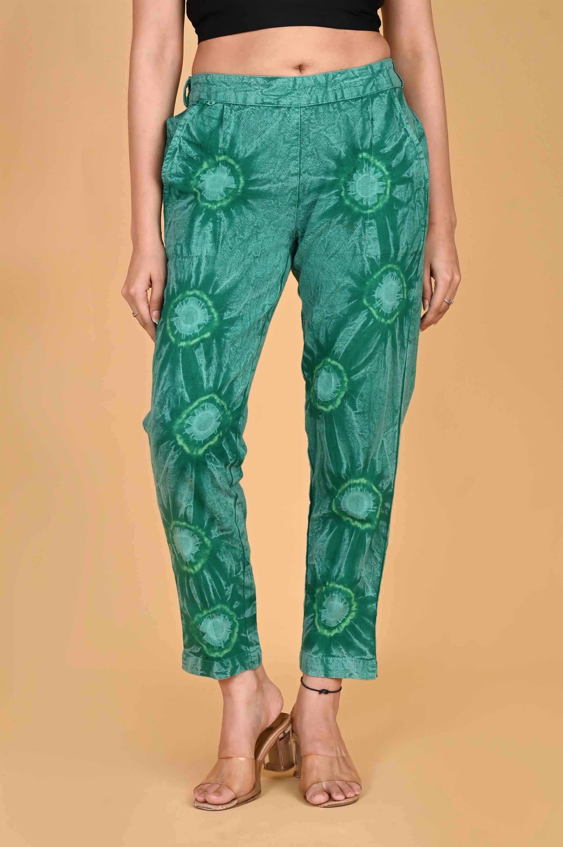 BOTTLE GREEN BANDHEJ COTTON PANTS - SAFED DHAGA 