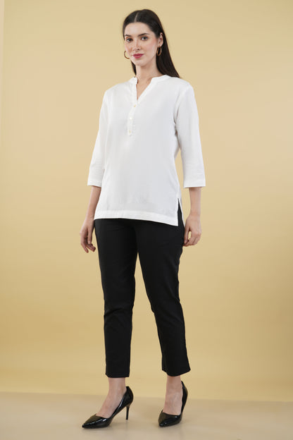 WHITE LINEN SHORT KURTA - SAFED DHAGA 