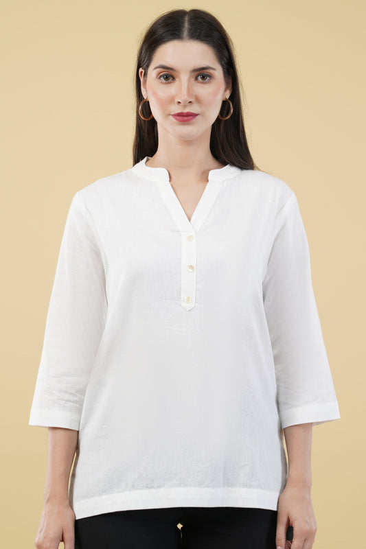WHITE LINEN SHORT KURTA - SAFED DHAGA 