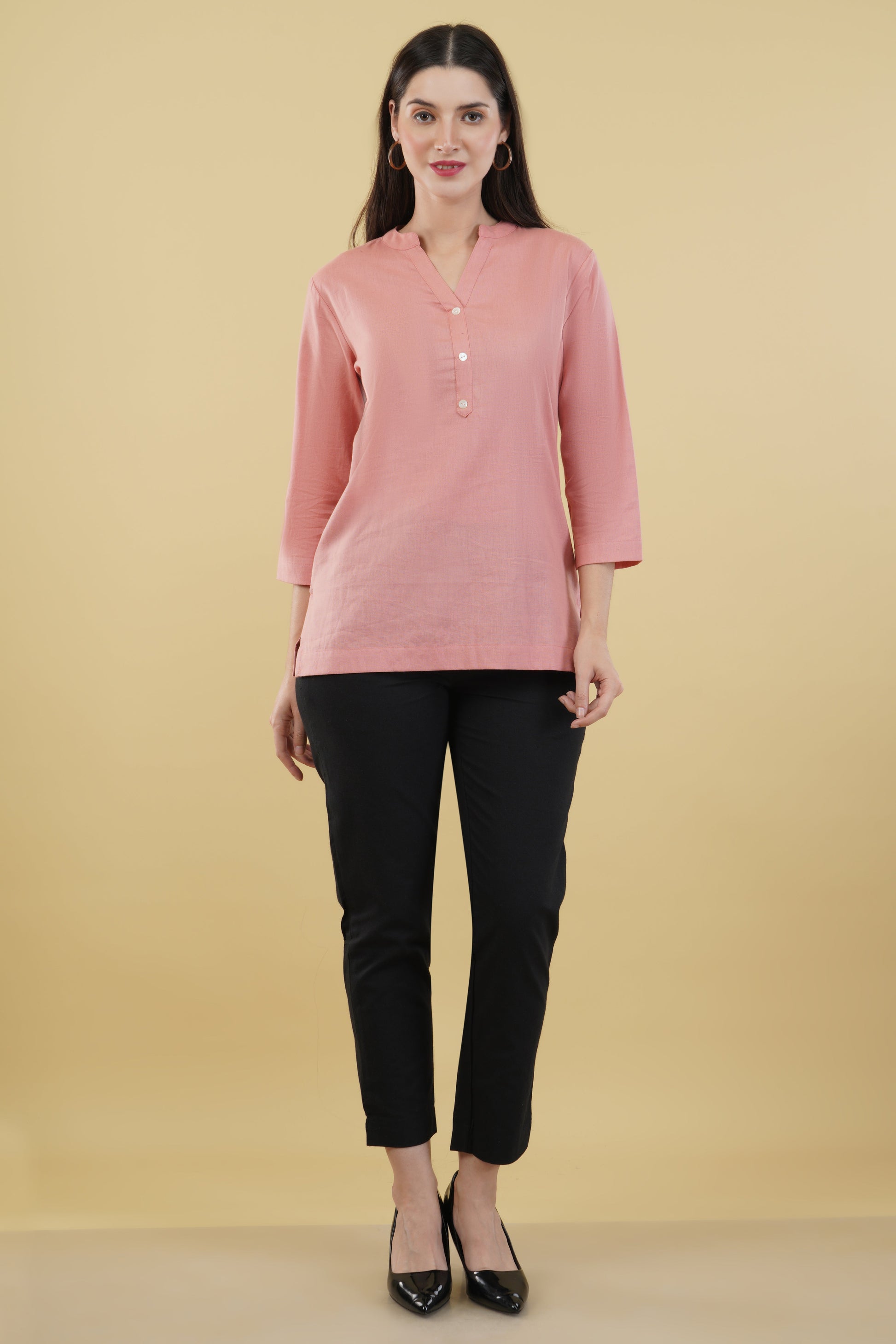 PEACH LINEN SHORT KURTA - SAFED DHAGA 