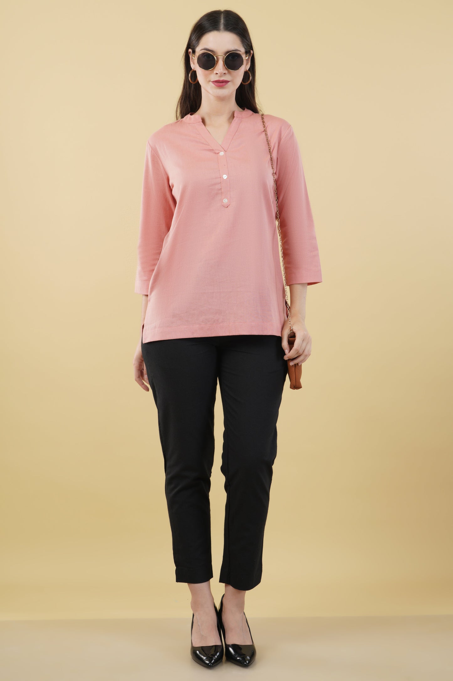 PEACH LINEN SHORT KURTA - SAFED DHAGA 