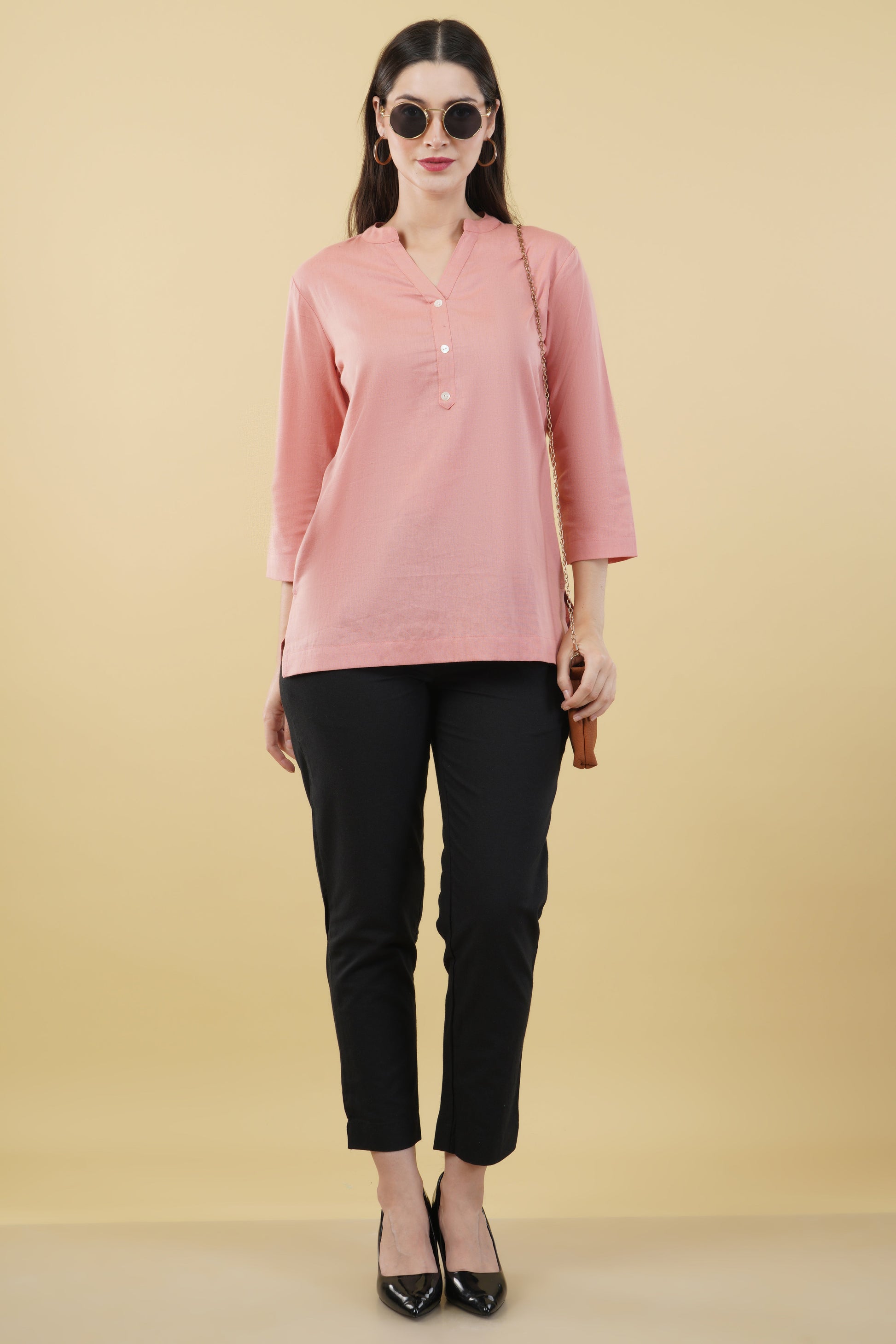 PEACH LINEN SHORT KURTA - SAFED DHAGA 