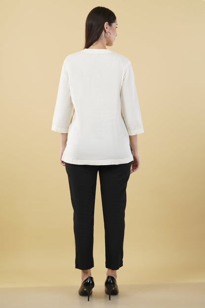 OFF WHITE LINEN SHORT KURTA - SAFED DHAGA 