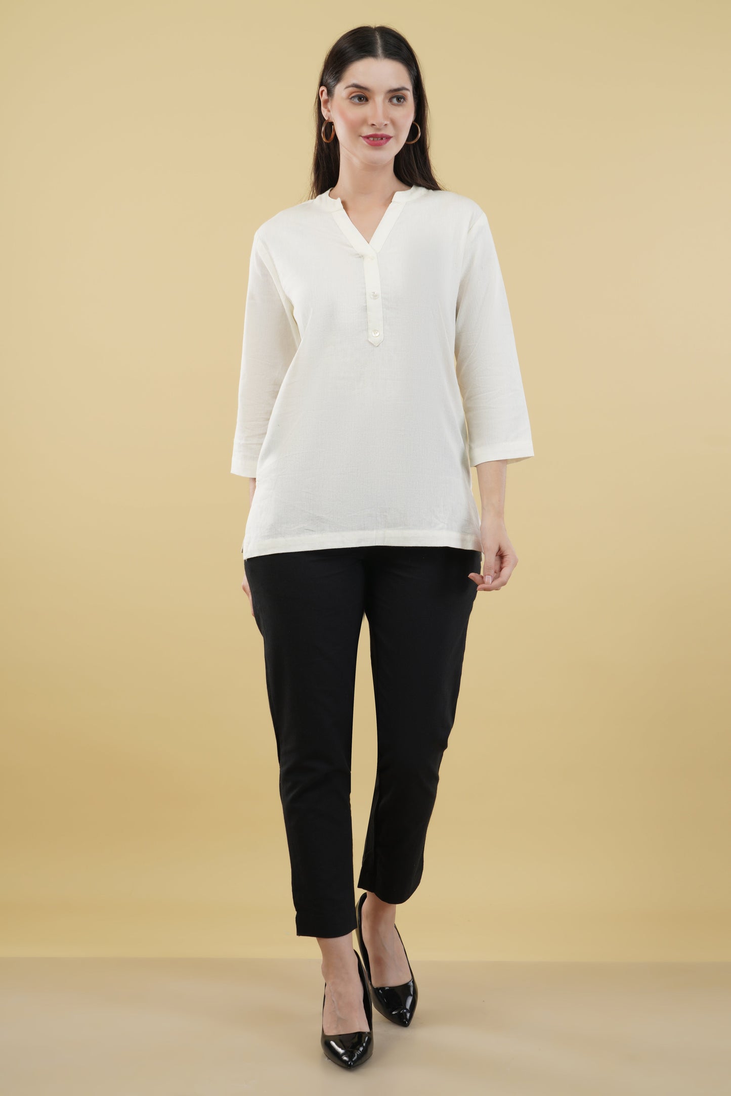 OFF WHITE LINEN SHORT KURTA - SAFED DHAGA 